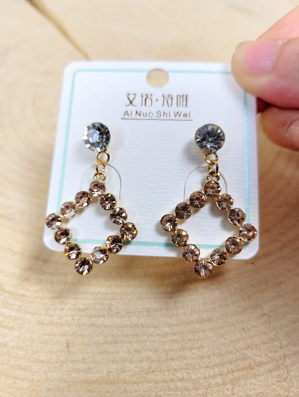 Brand New Gold Tone Square Rhinestone Dangle Earrings